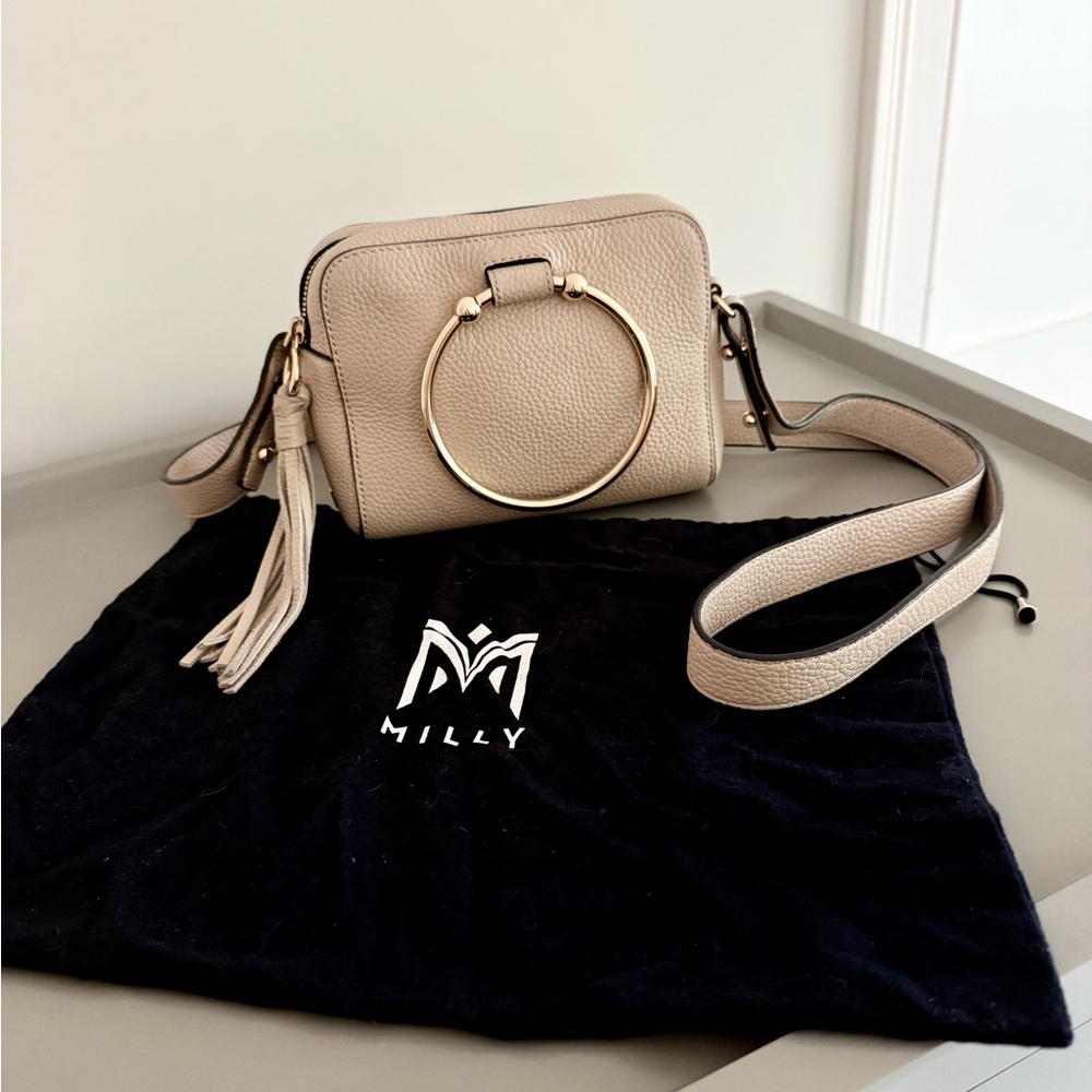 Milly Tan and Gold Crossbody Bag with Modern Ring Detail